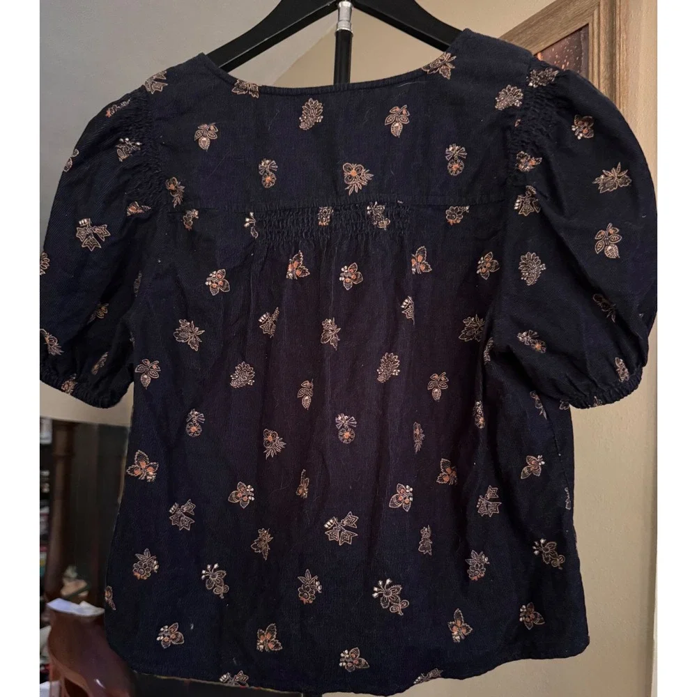 Madewell Floral Corduroy Puff Sleeve Button Front Top Small MSRP $88